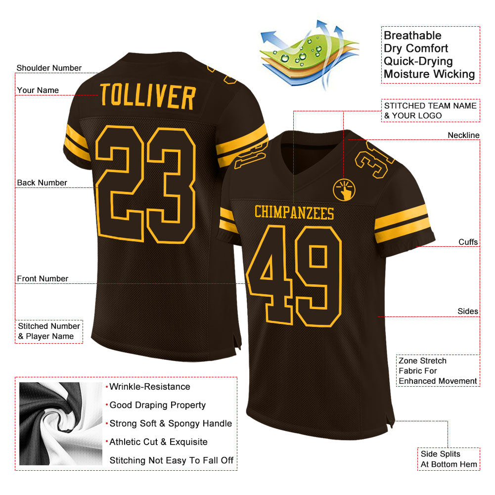 Custom Brown Brown-Gold Mesh Authentic Football Jersey view 2