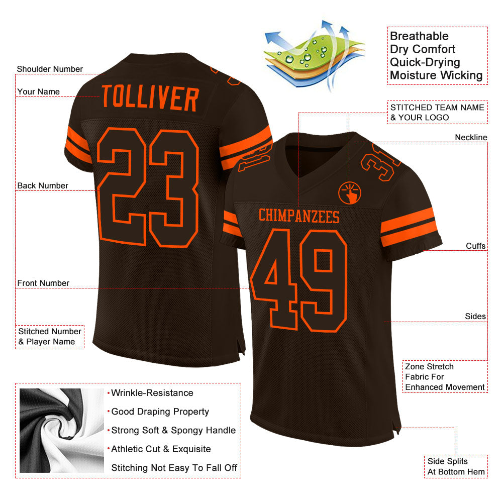 Custom Brown Brown-Orange Mesh Authentic Football Jersey view 2