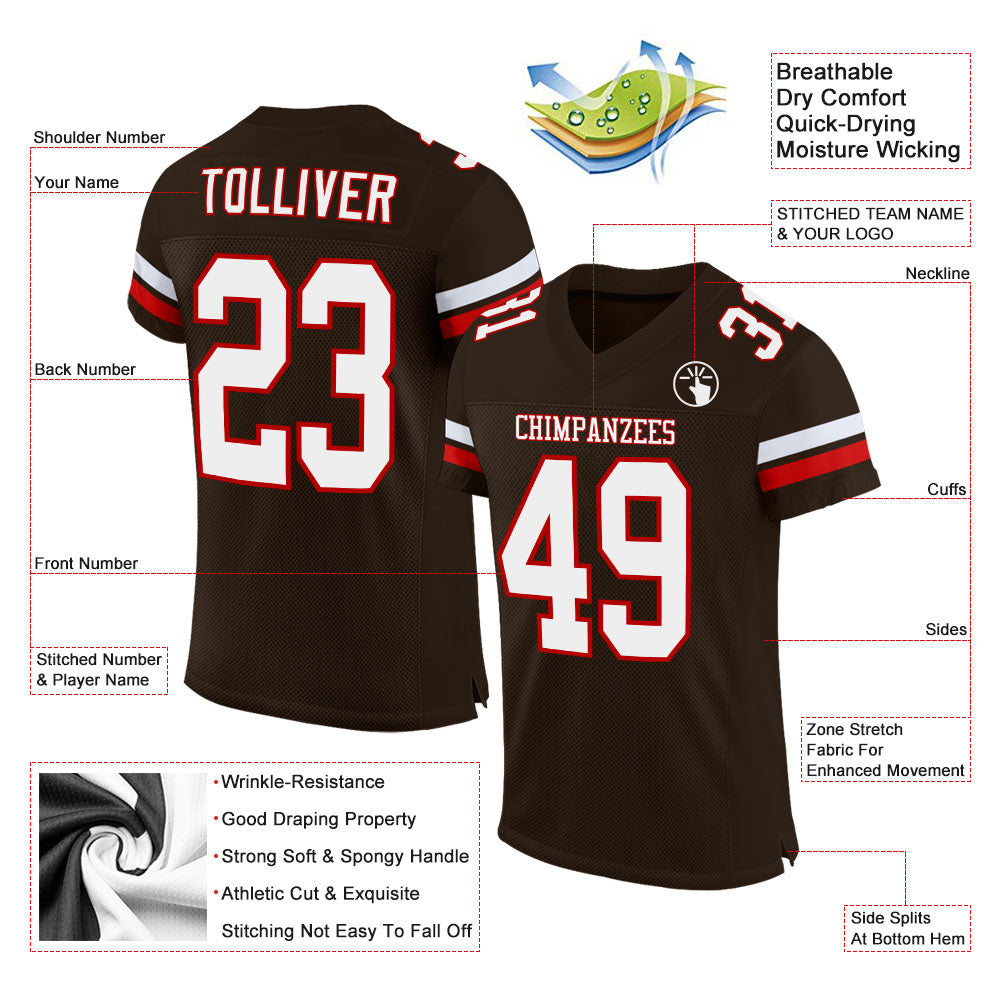 Custom Brown White-Red Mesh Authentic Football Jersey view 2