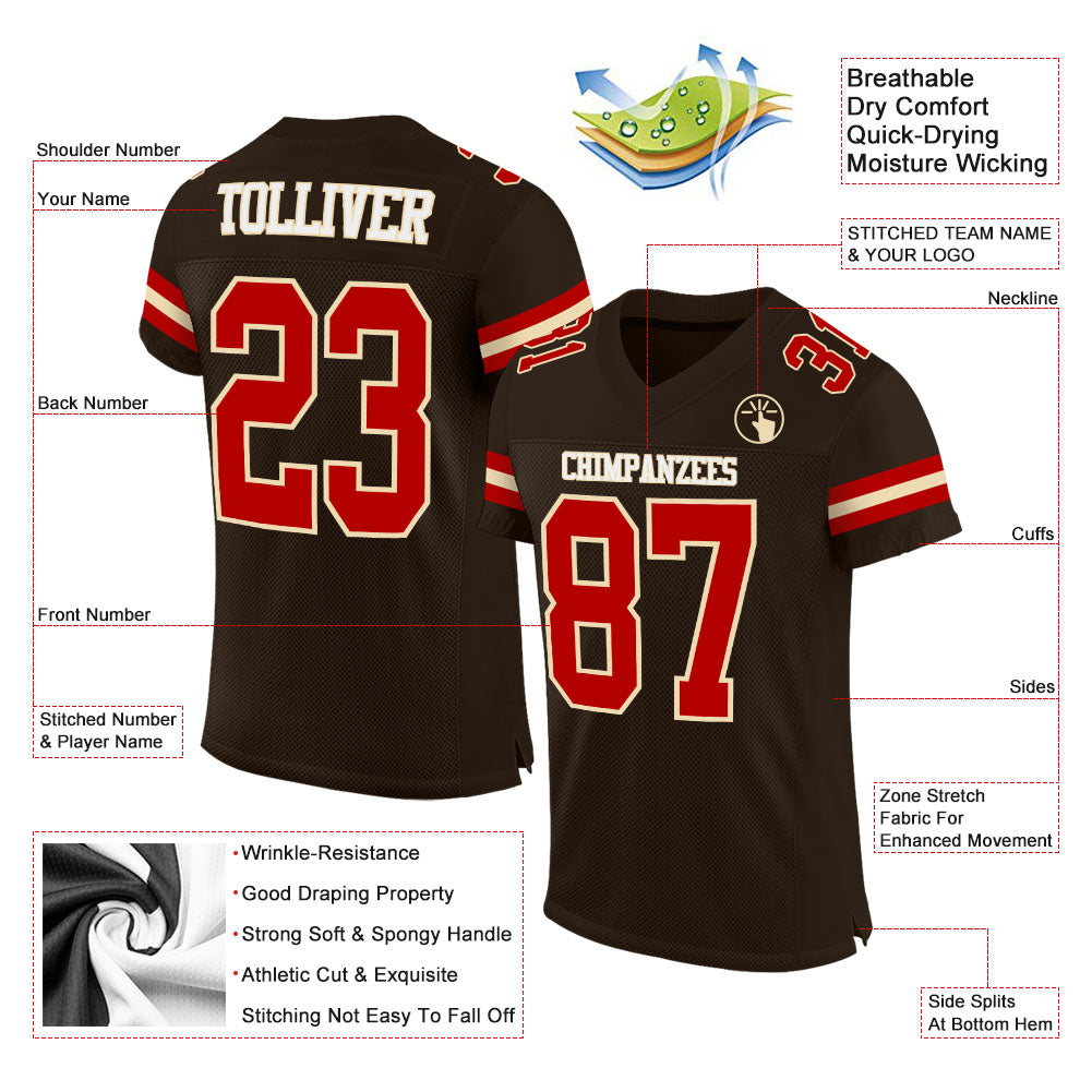 Custom Brown Red-Cream Mesh Authentic Football Jersey view 2