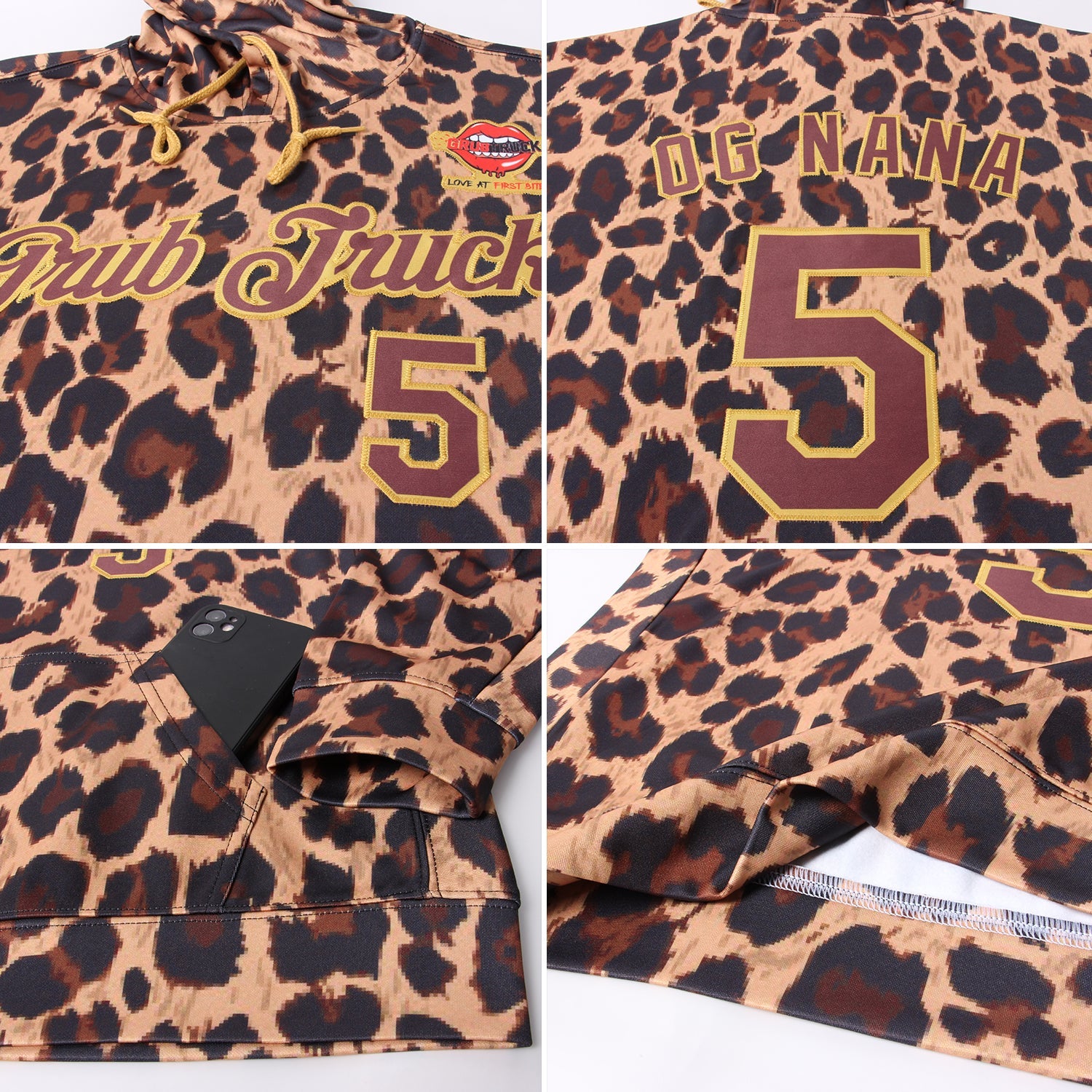 Custom Stitched Brown Brown-Old Gold 3D Pattern Design Leopard Sports Pullover Sweatshirt Hoodie view 5