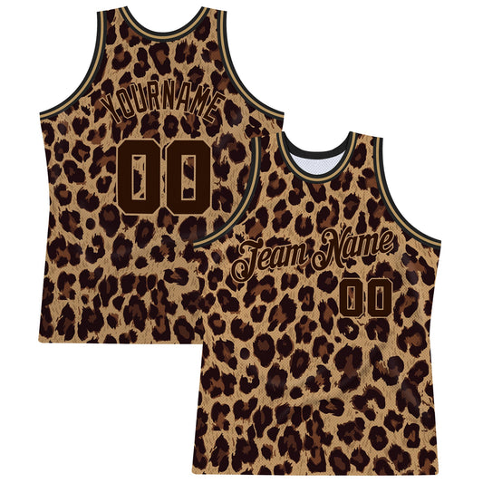 Custom Brown Brown-Old Gold 3D Pattern Design Leopard Authentic Basketball Jersey - Main View