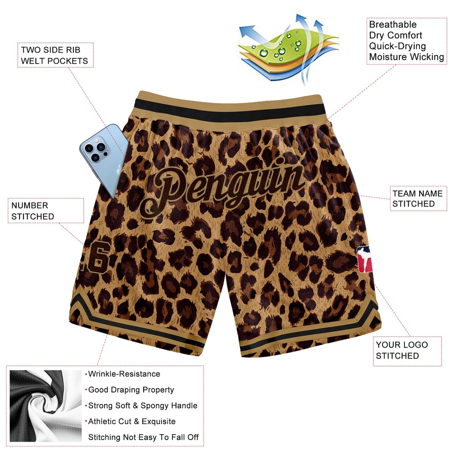 Custom Brown Brown-Old Gold 3D Pattern Design Leopard Authentic Basketball Shorts view 2
