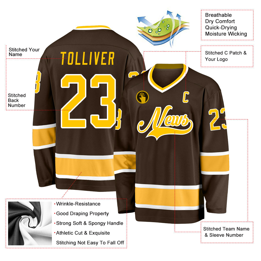 Custom Brown Gold-White Hockey Jersey view 2