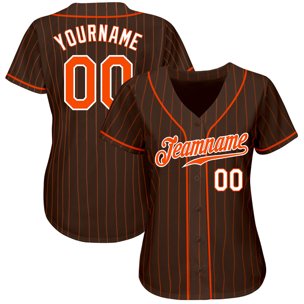 Custom Brown Orange Pinstripe Orange-White Authentic Baseball Jersey view 2