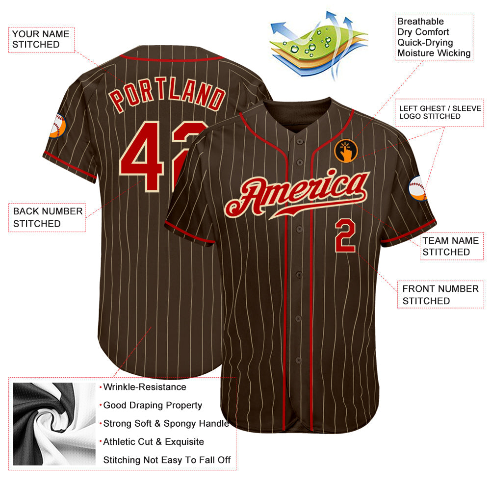 Custom Brown Cream Pinstripe Red-Cream Authentic Baseball Jersey view 3