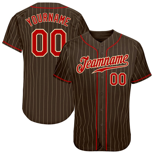 Custom Brown Cream Pinstripe Red-Cream Authentic Baseball Jersey - Main View