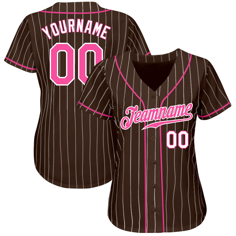 Custom Brown White Pinstripe Pink-White Authentic Baseball Jersey view 2