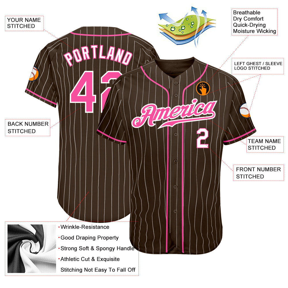 Custom Brown White Pinstripe Pink-White Authentic Baseball Jersey view 3