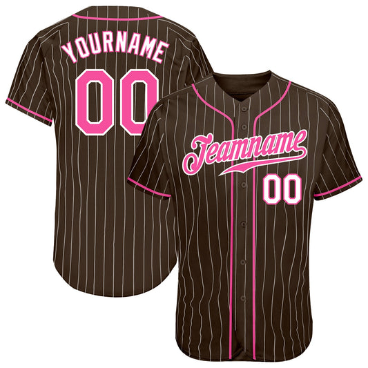 Custom Brown White Pinstripe Pink-White Authentic Baseball Jersey - Main View