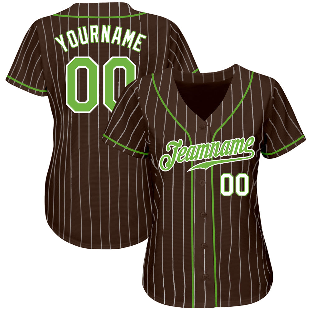 Custom Brown White Pinstripe Neon Green-White Authentic Baseball Jersey view 2