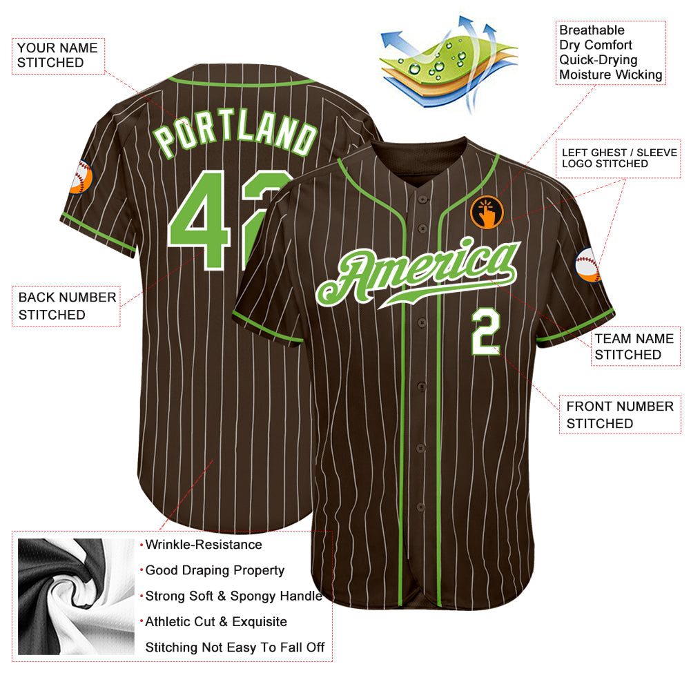 Custom Brown White Pinstripe Neon Green-White Authentic Baseball Jersey view 3