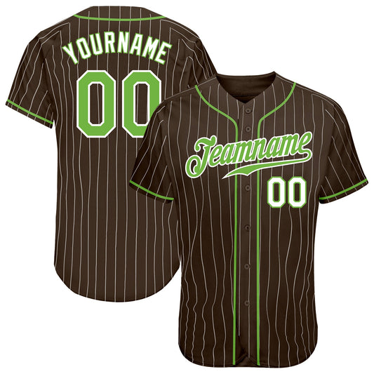 Custom Brown White Pinstripe Neon Green-White Authentic Baseball Jersey - Main View