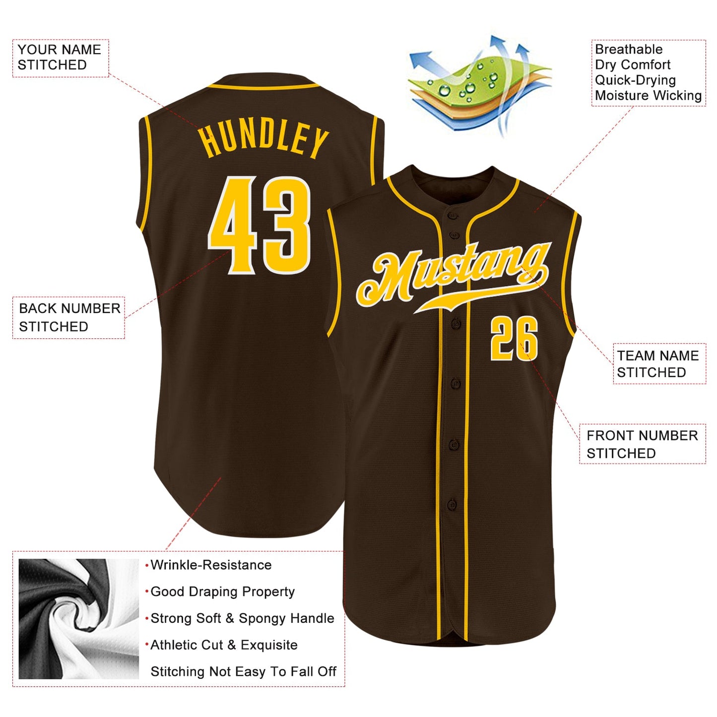 Custom Brown Gold-White Authentic Sleeveless Baseball Jersey view 2