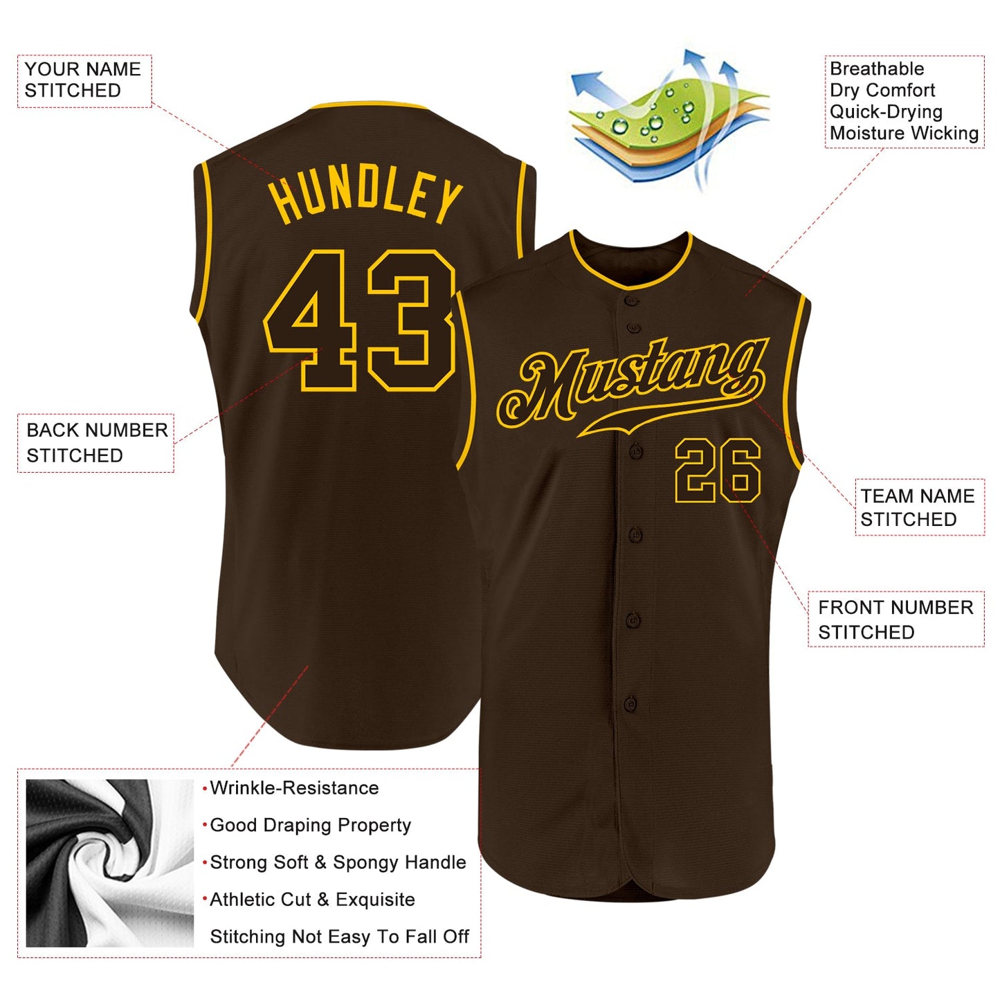 Custom Brown Brown-Gold Authentic Sleeveless Baseball Jersey view 2