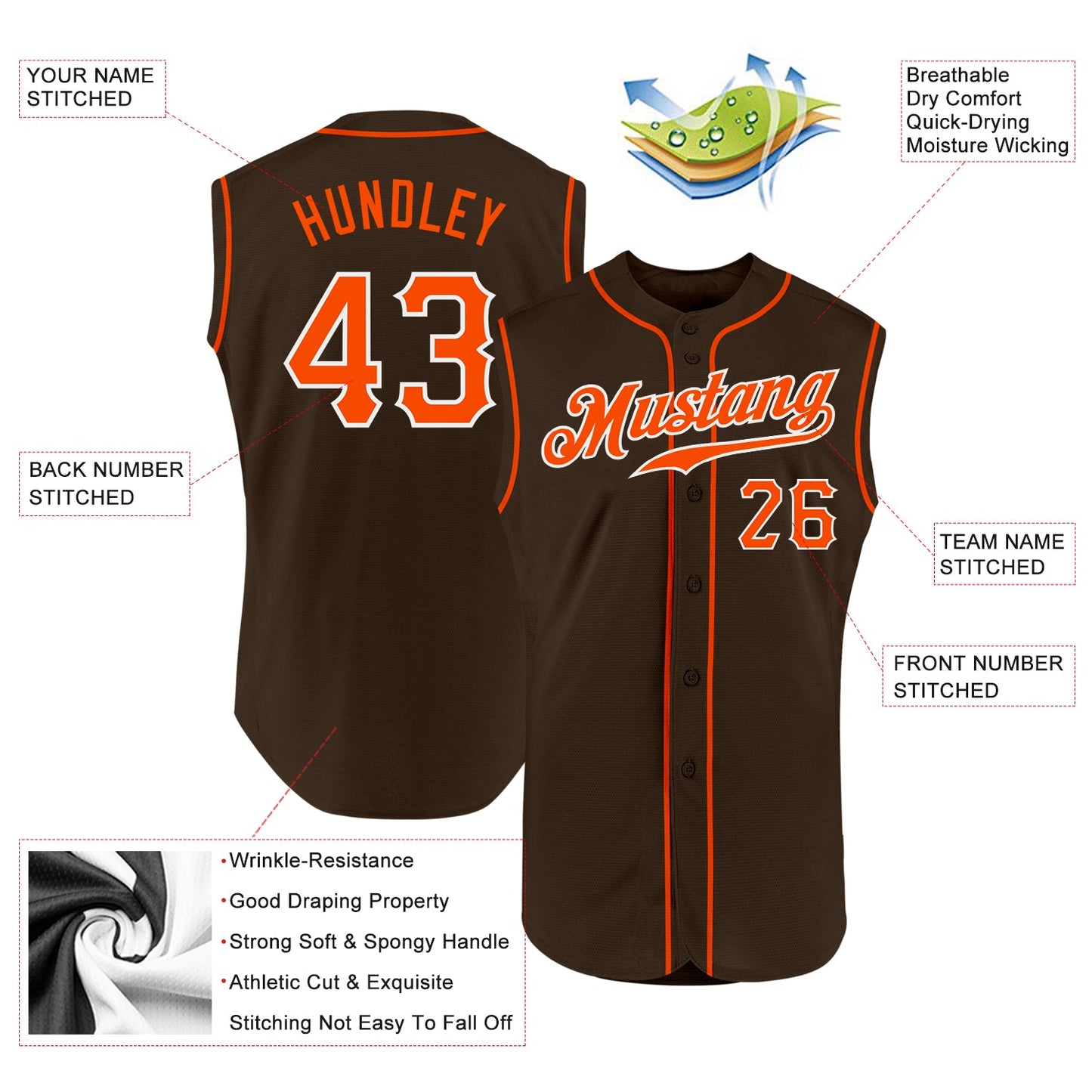 Custom Brown Orange-White Authentic Sleeveless Baseball Jersey view 2