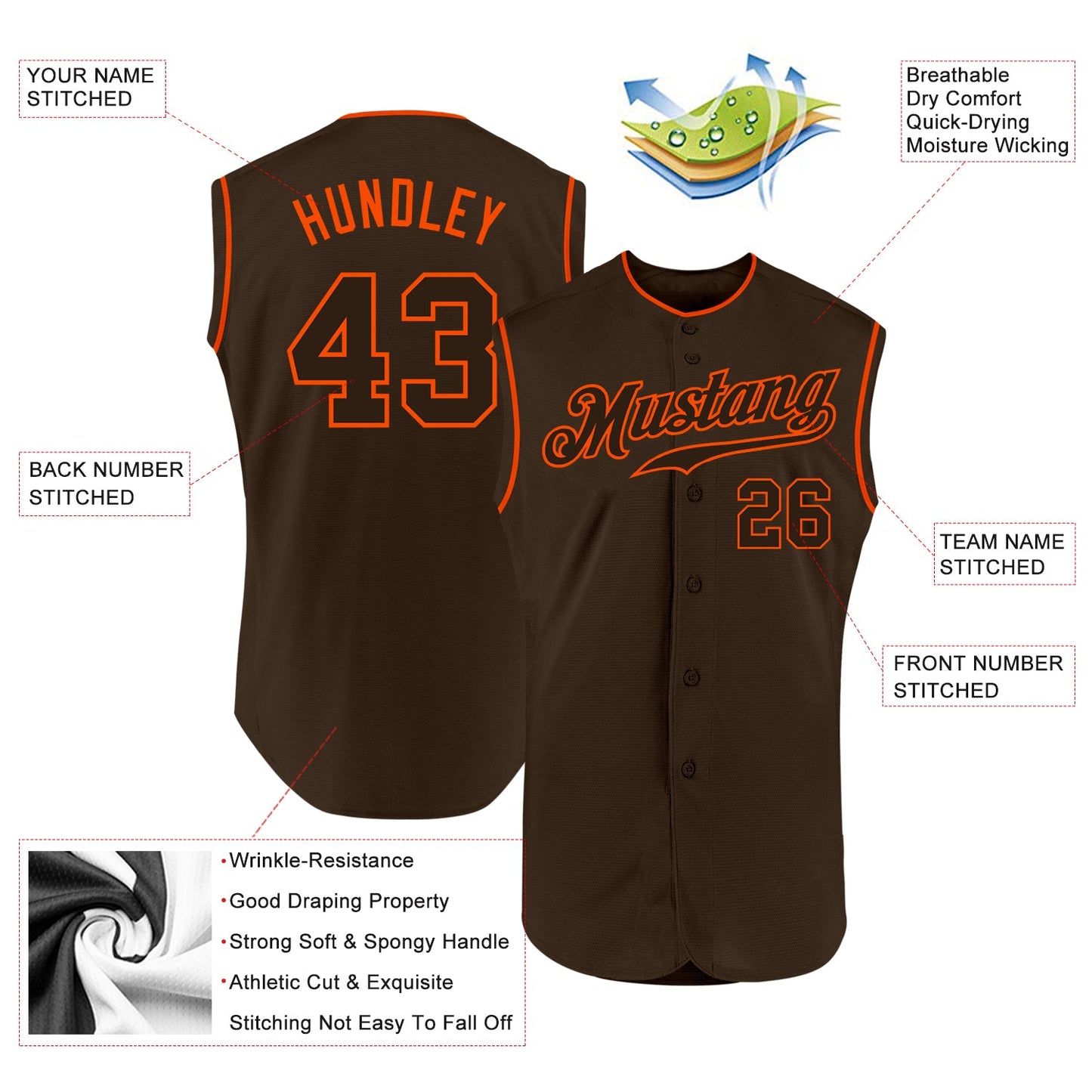 Custom Brown Brown-Orange Authentic Sleeveless Baseball Jersey view 2
