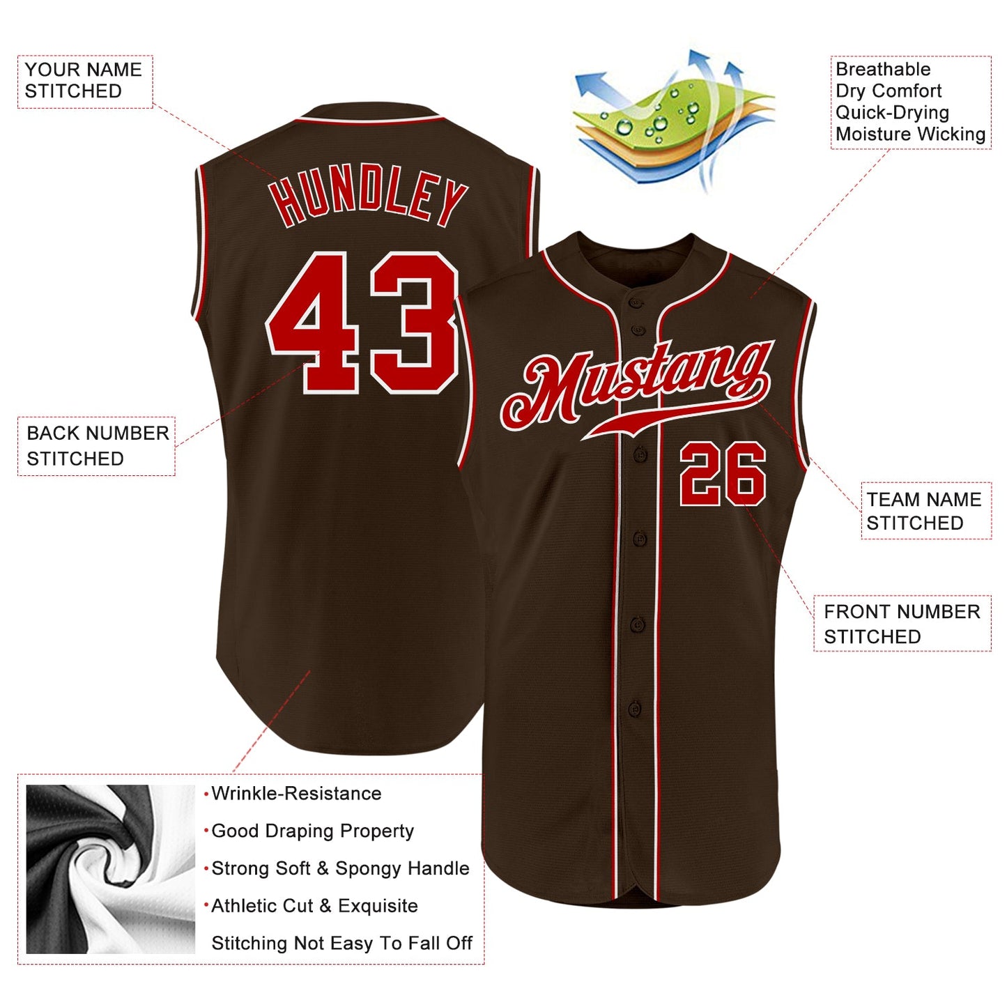 Custom Brown Red-White Authentic Sleeveless Baseball Jersey view 2