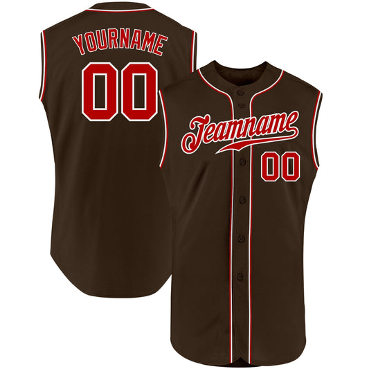 Custom Brown Red-White Authentic Sleeveless Baseball Jersey - Main View