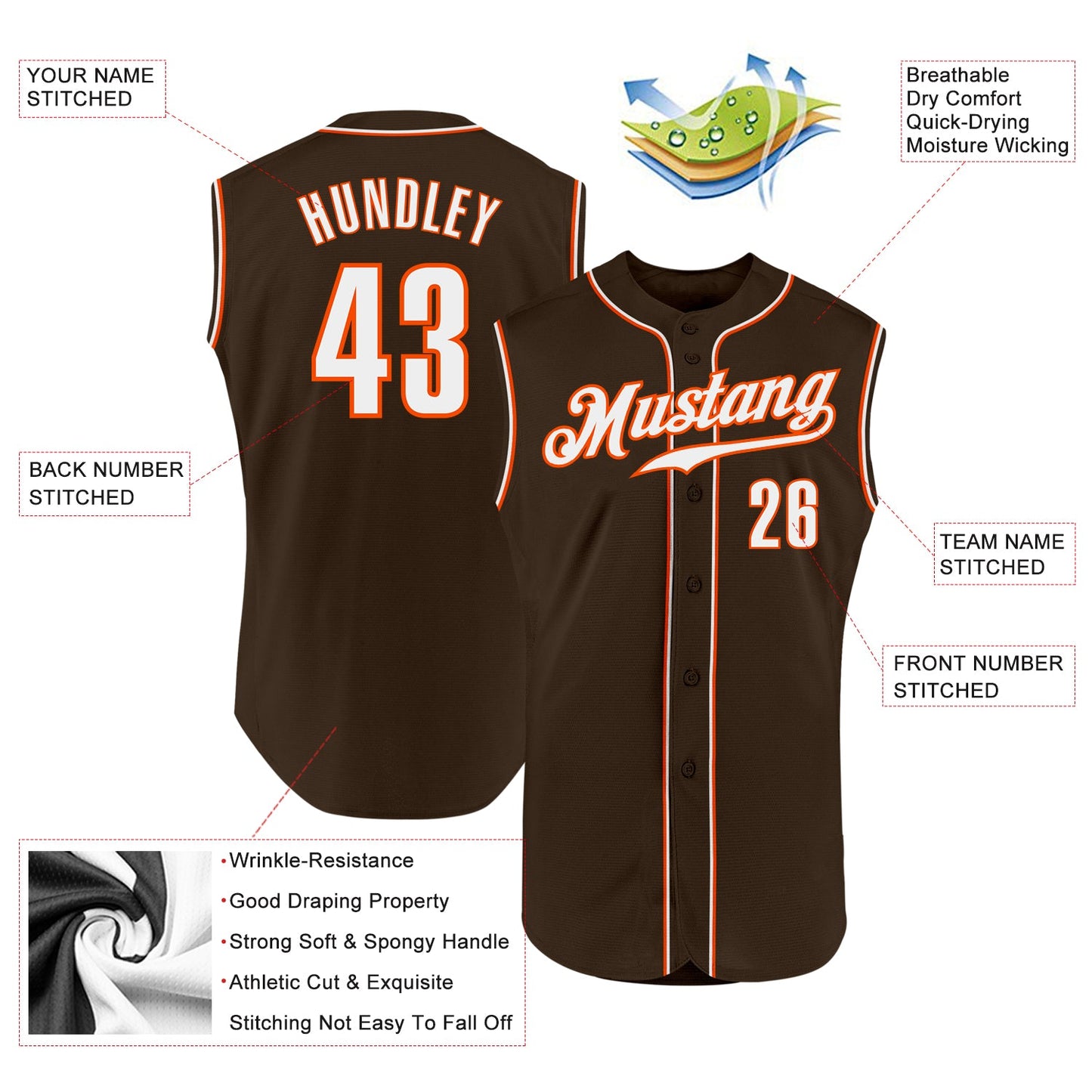 Custom Brown White-Orange Authentic Sleeveless Baseball Jersey view 2