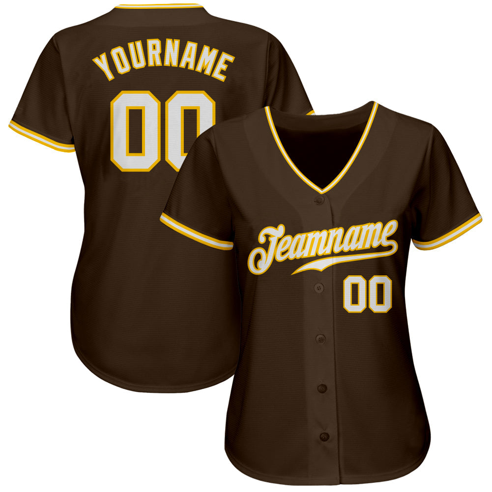 Custom Brown White-Gold Authentic Baseball Jersey view 2