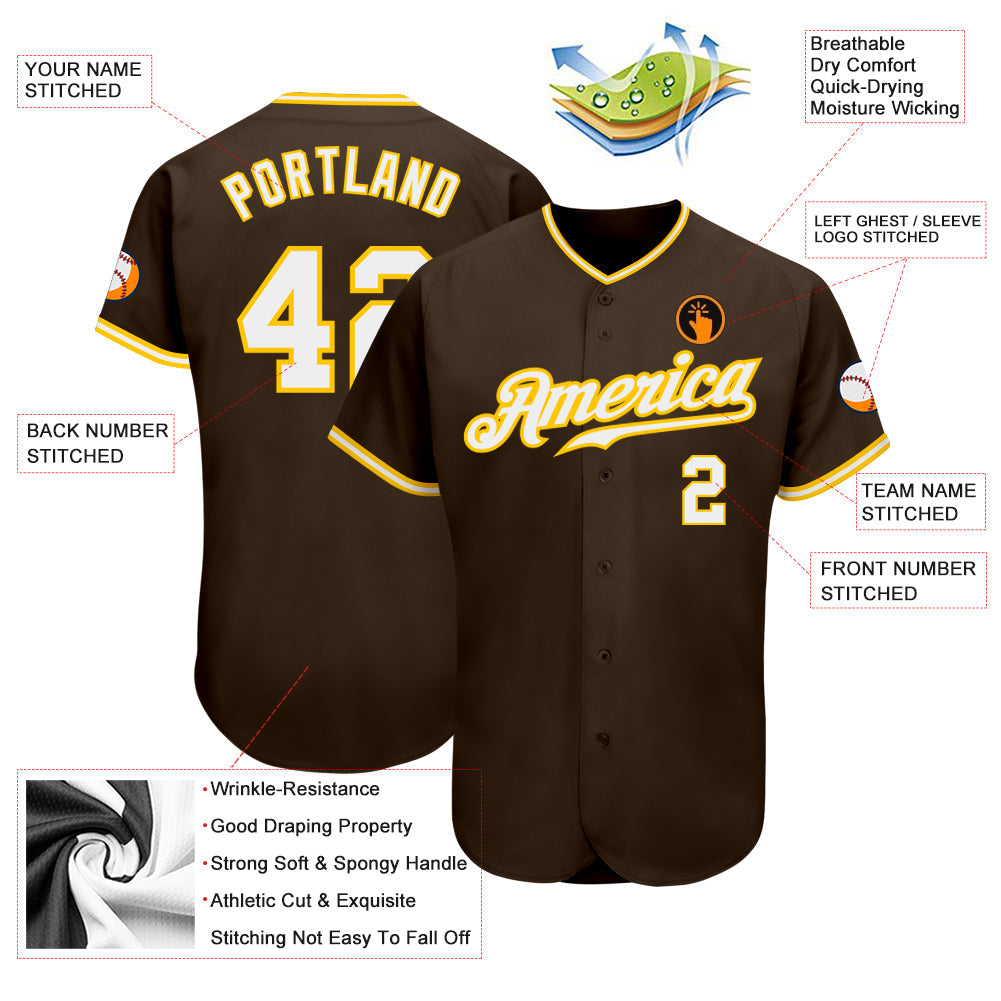 Custom Brown White-Gold Authentic Baseball Jersey view 3