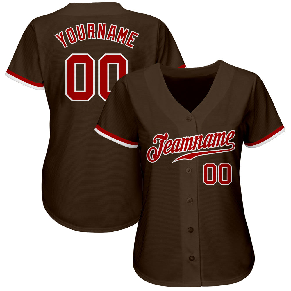Custom Brown Red-White Authentic Baseball Jersey view 2