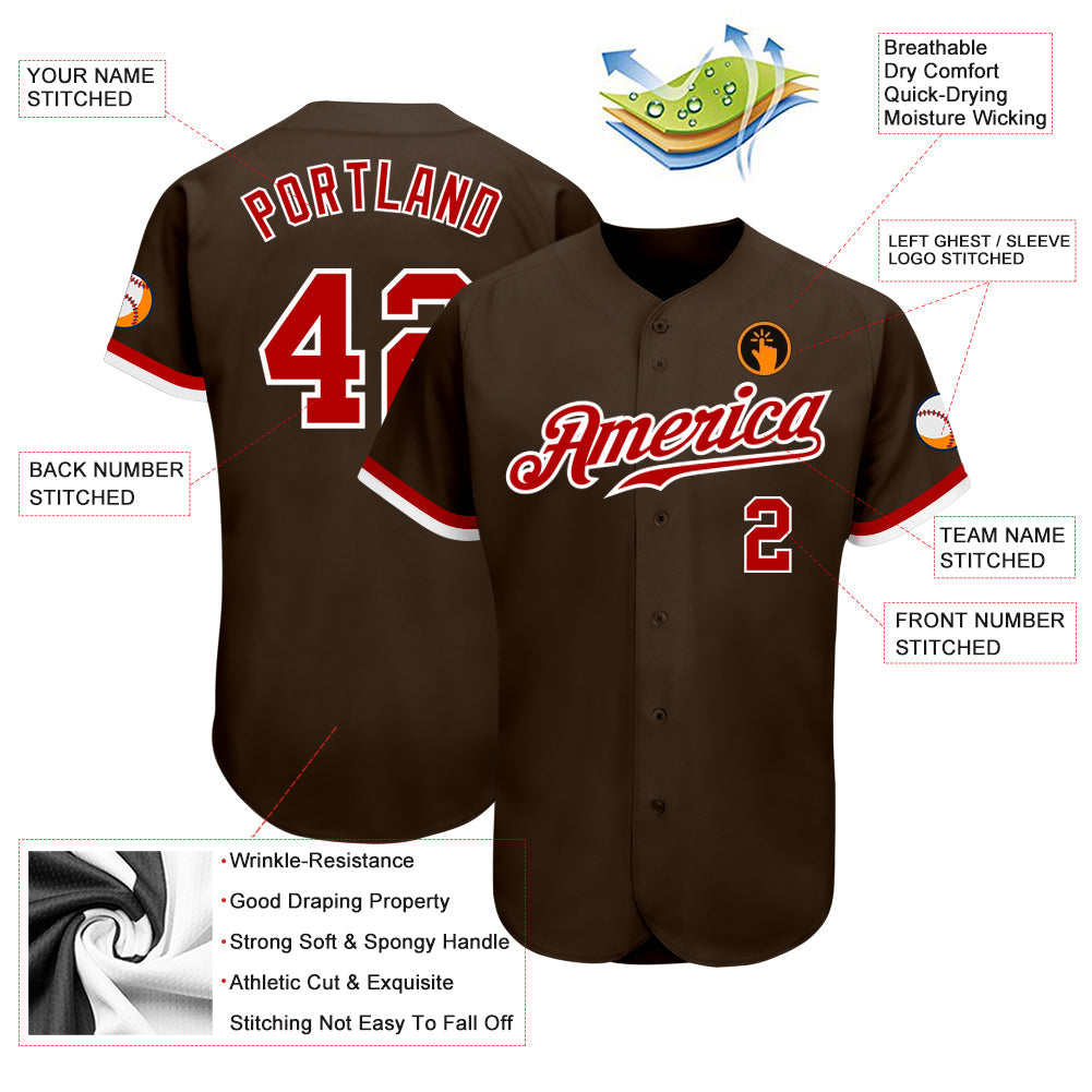 Custom Brown Red-White Authentic Baseball Jersey view 3