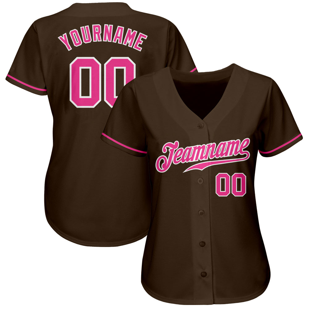 Custom Brown Pink-White Authentic Baseball Jersey view 2