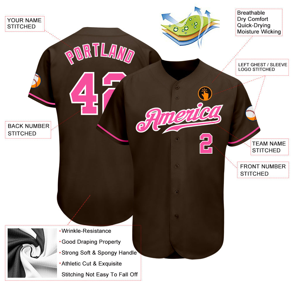Custom Brown Pink-White Authentic Baseball Jersey view 3