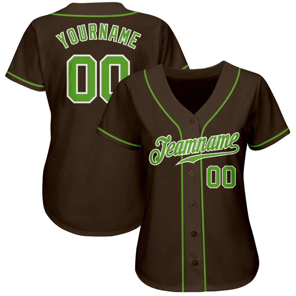 Custom Brown Neon Green-White Authentic Baseball Jersey view 2