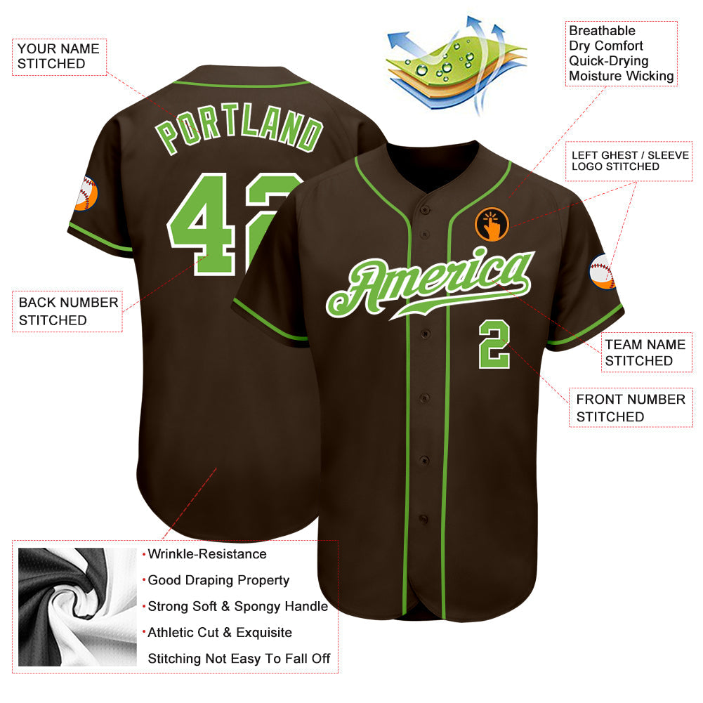 Custom Brown Neon Green-White Authentic Baseball Jersey view 3