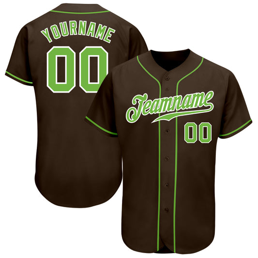 Custom Brown Neon Green-White Authentic Baseball Jersey - Main View