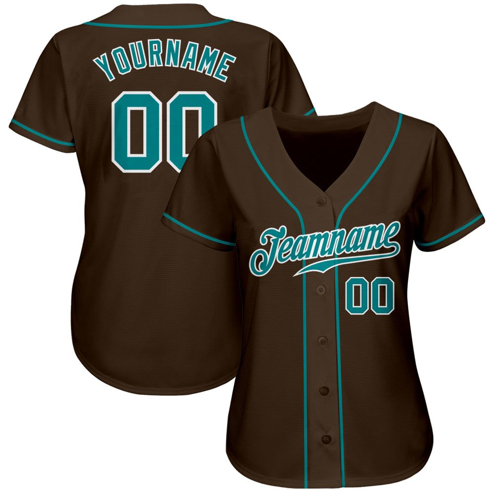Custom Brown Teal-White Authentic Baseball Jersey view 2