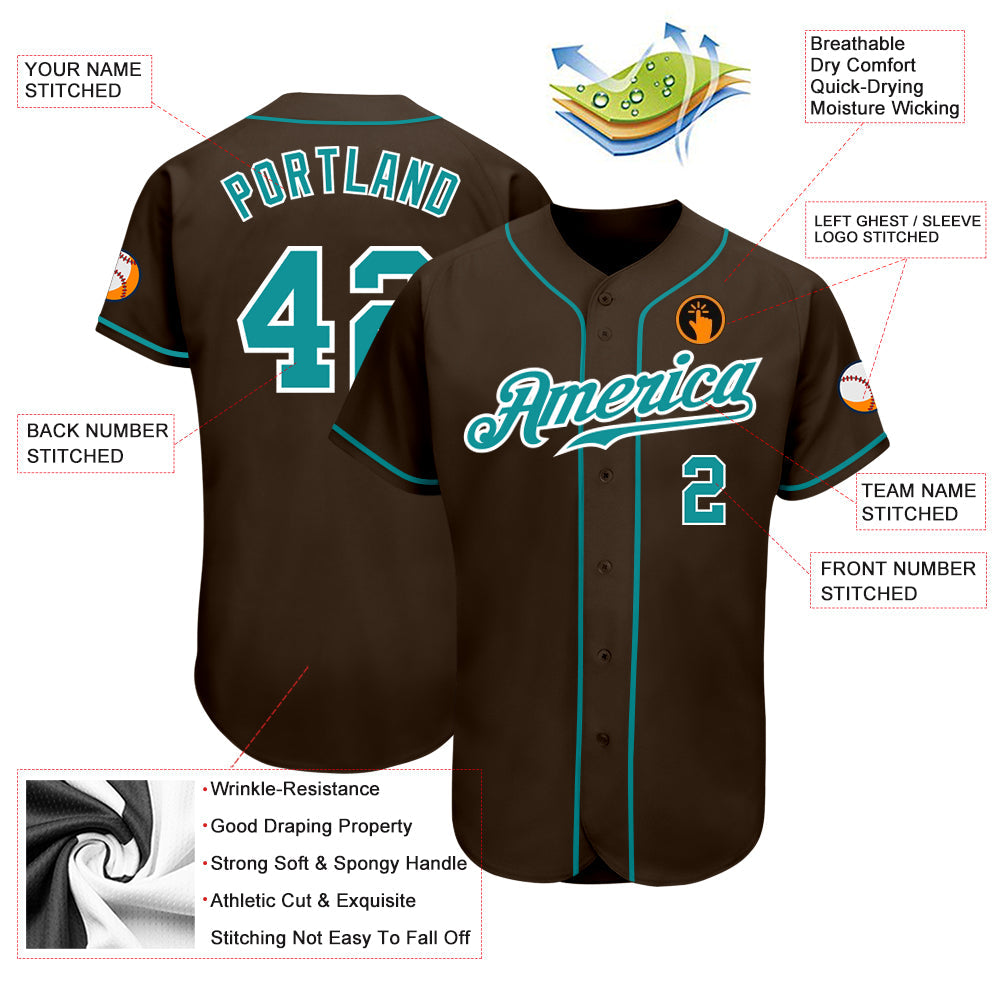 Custom Brown Teal-White Authentic Baseball Jersey view 3