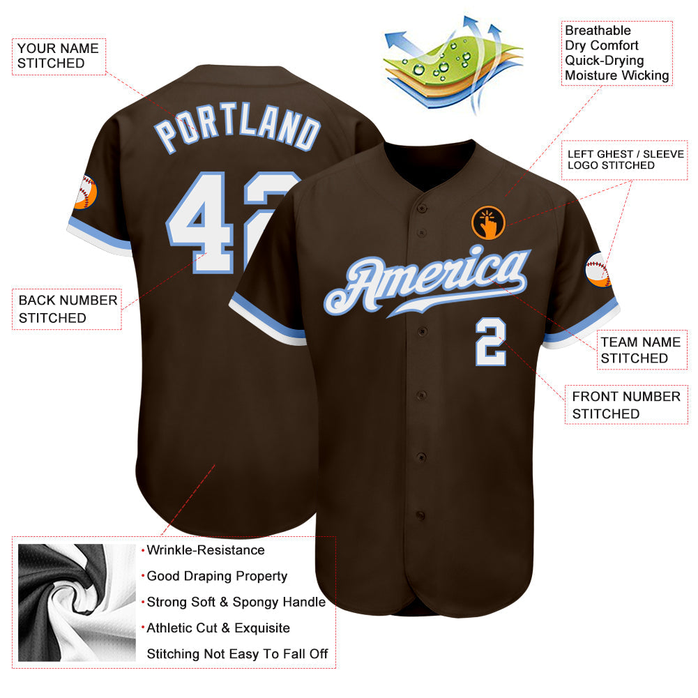 Custom Brown White-Light Blue Authentic Baseball Jersey view 3