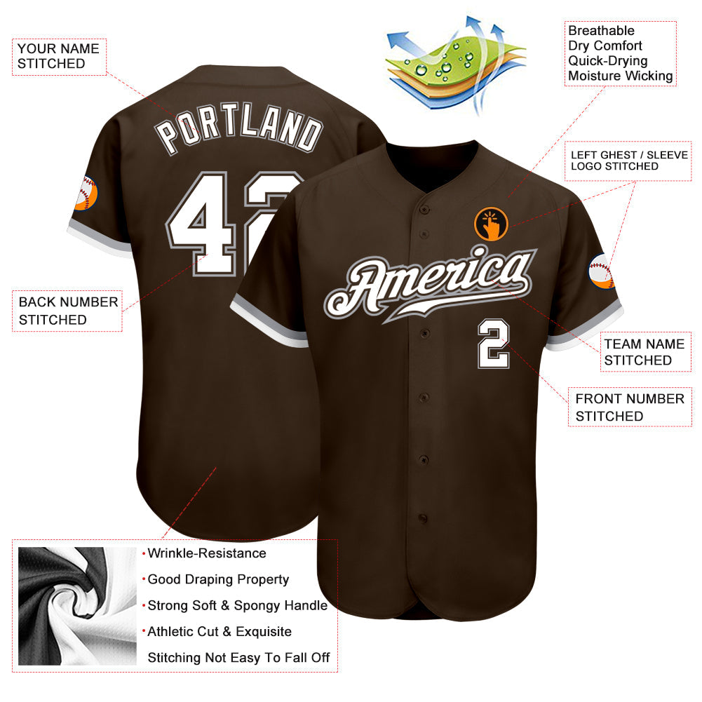 Custom Brown White-Gray Authentic Baseball Jersey view 3