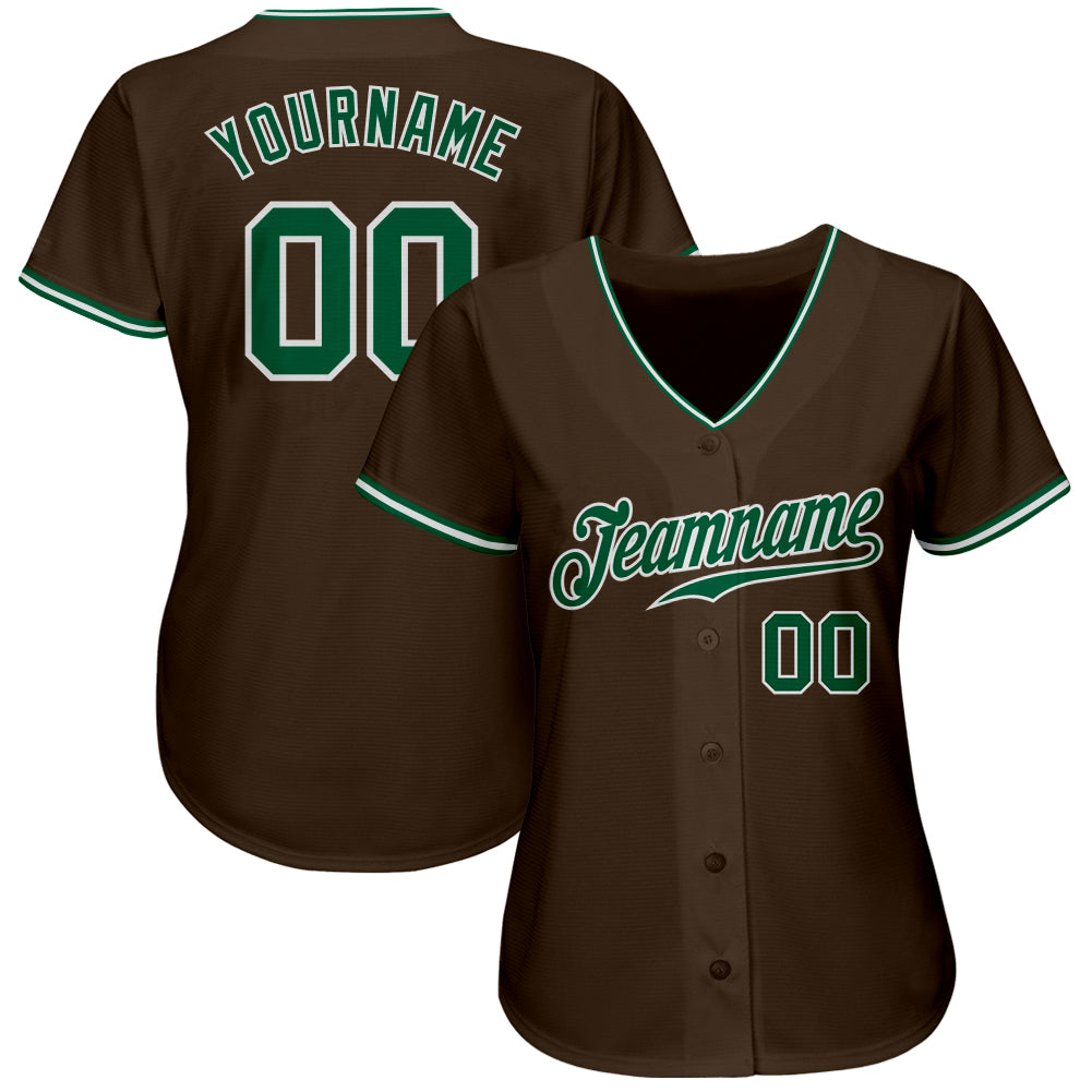 Custom Brown Kelly Green-White Authentic Baseball Jersey view 2