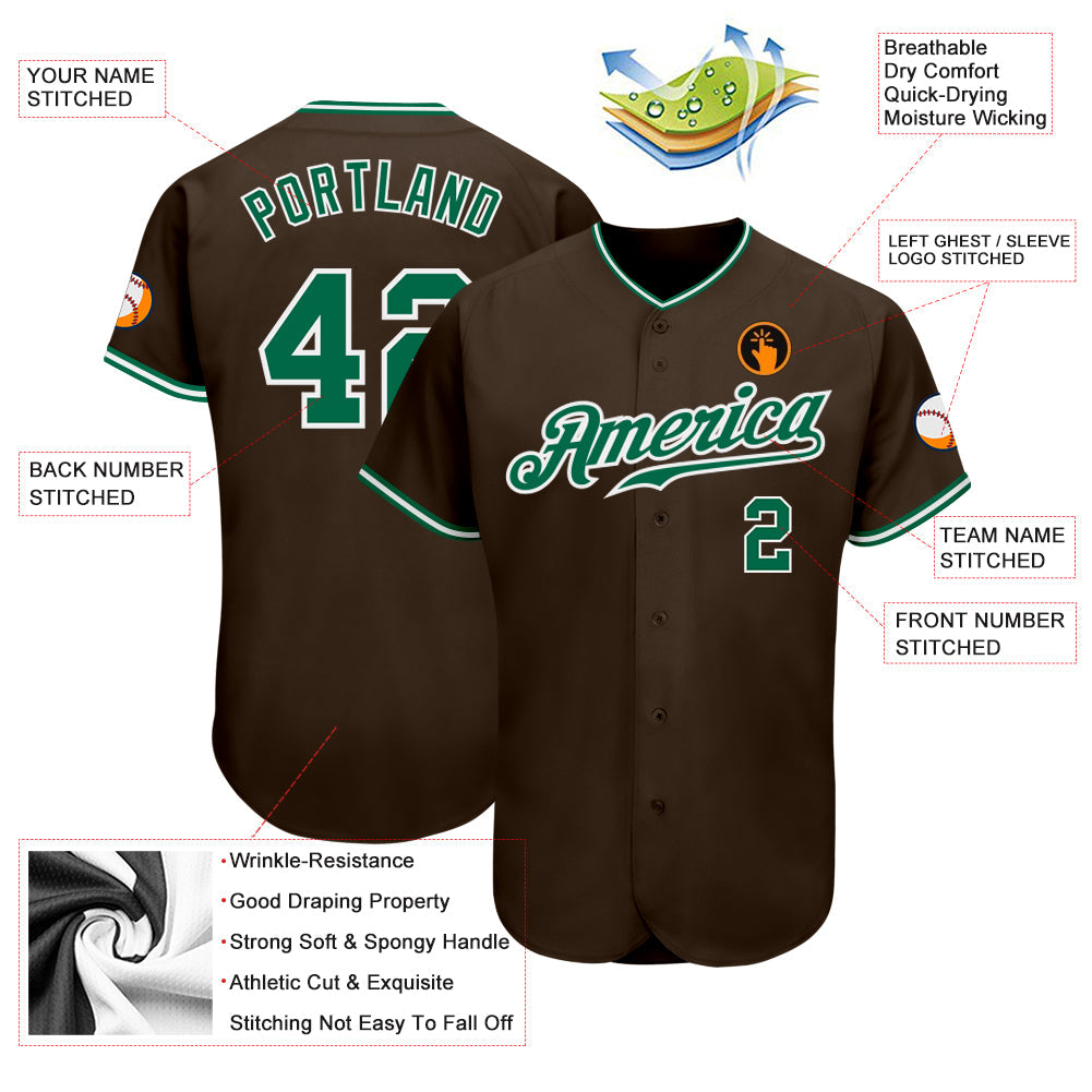 Custom Brown Kelly Green-White Authentic Baseball Jersey view 3