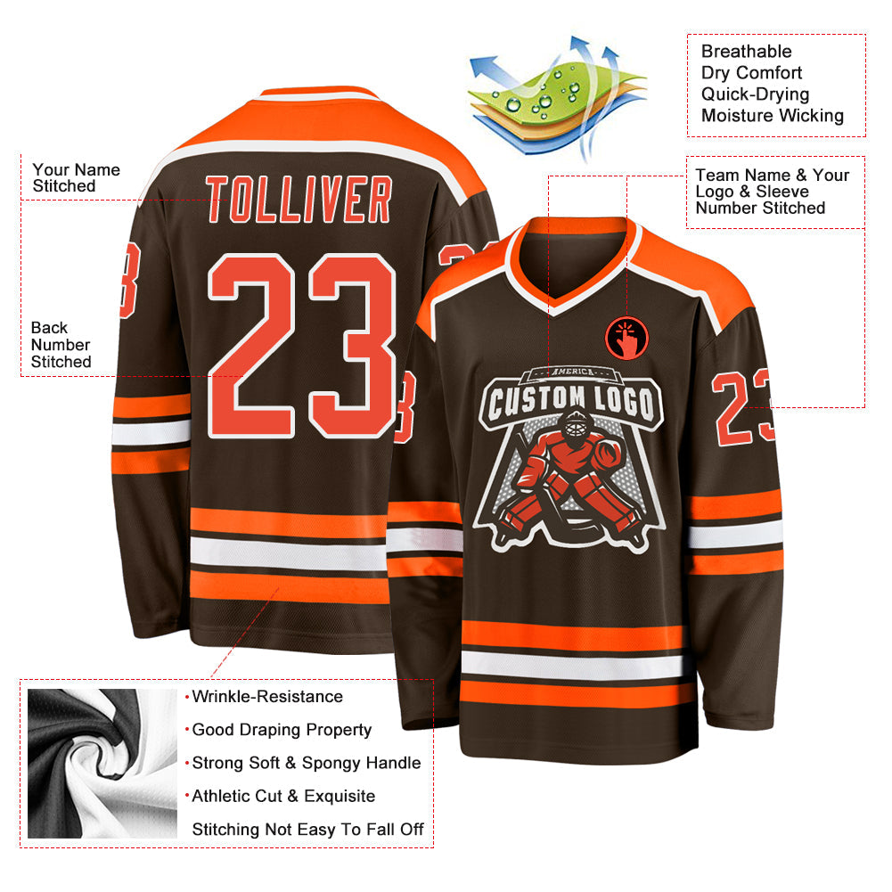 Custom Brown Orange-White Hockey Jersey view 3