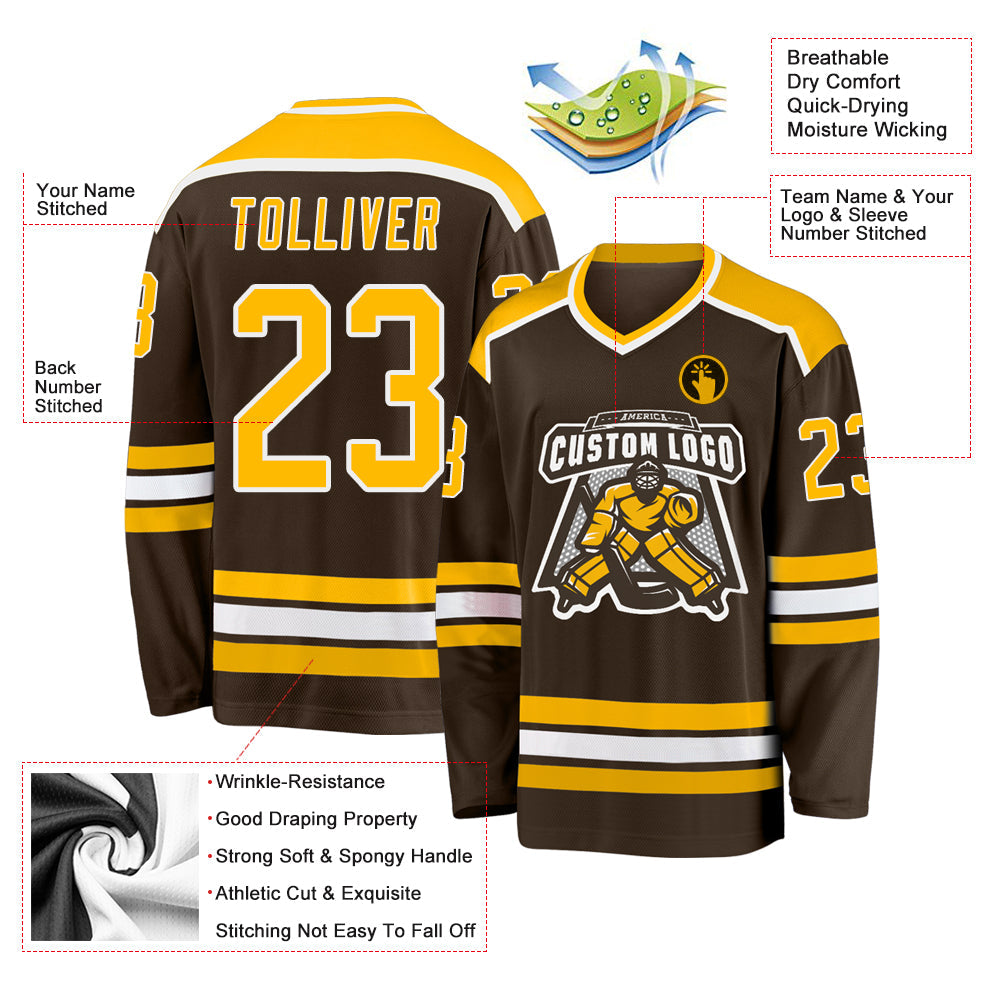 Custom Brown Gold-White Hockey Jersey view 3