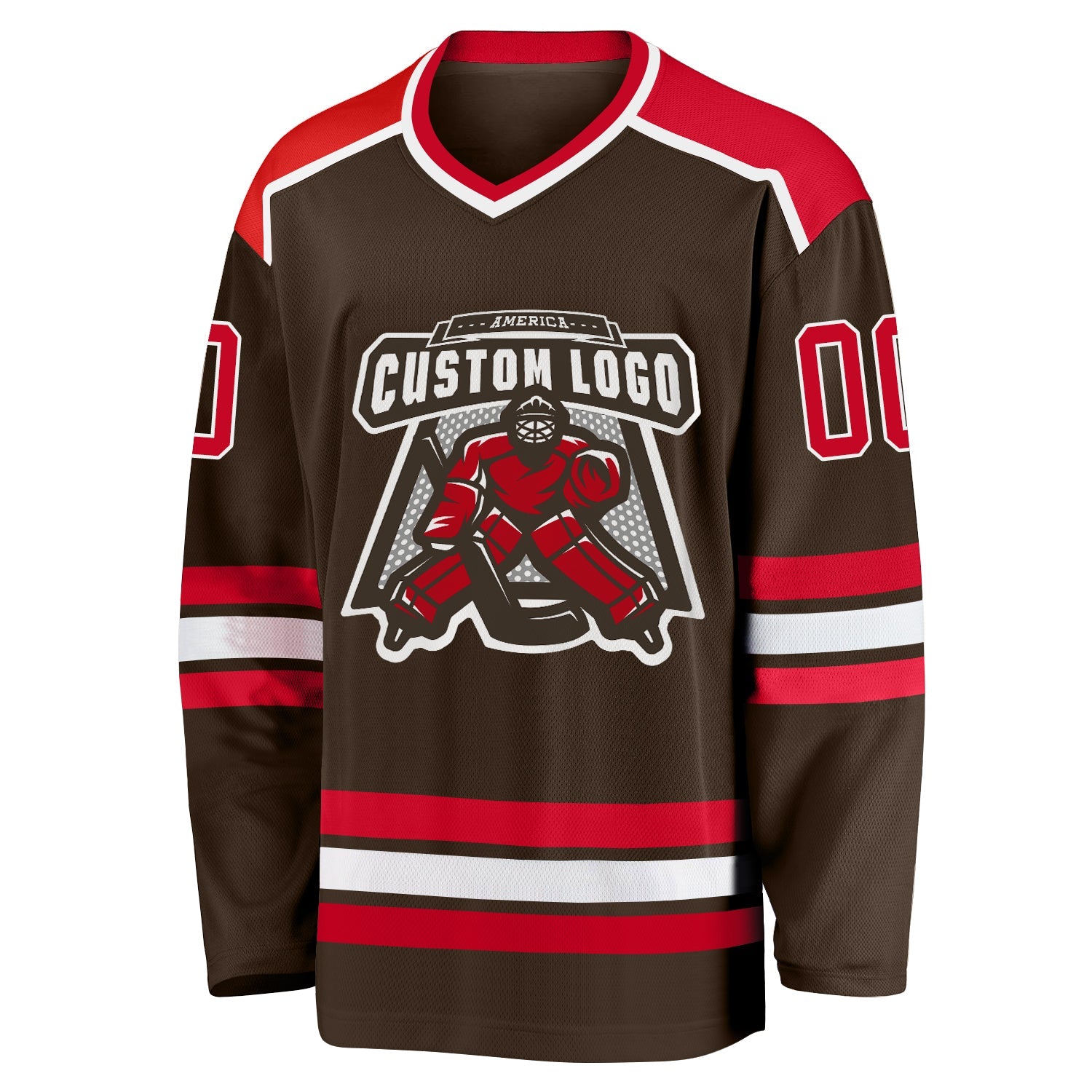 Custom Brown Red-White Hockey Jersey view 2