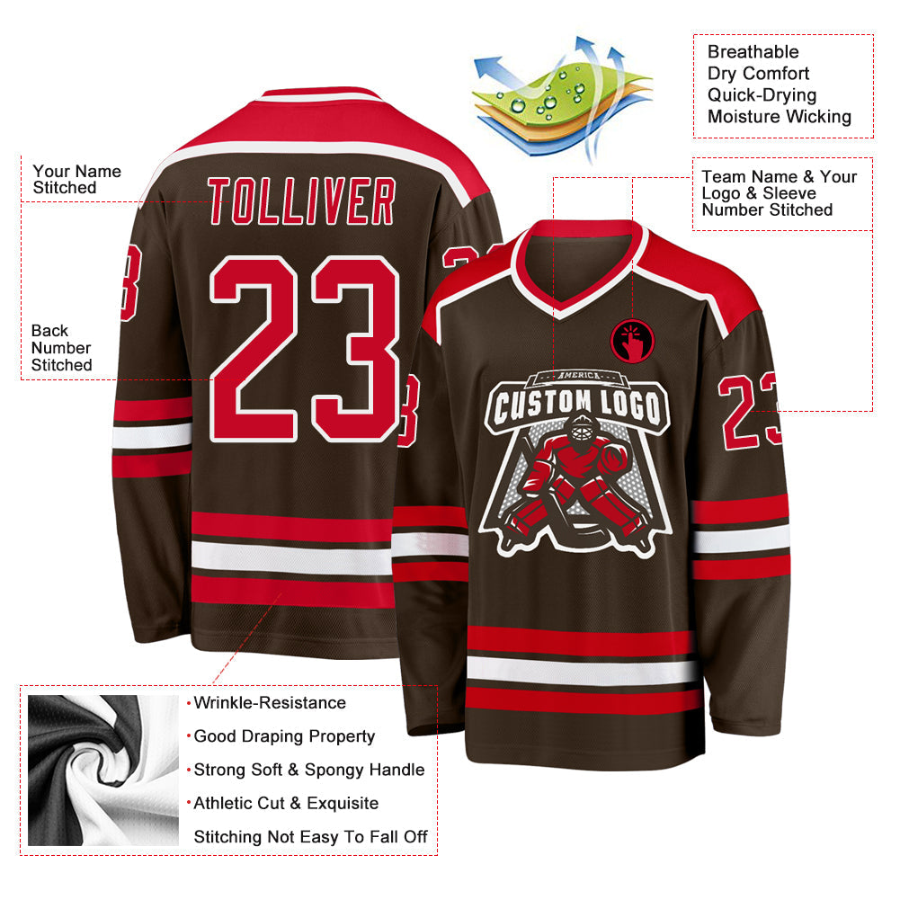 Custom Brown Red-White Hockey Jersey view 3