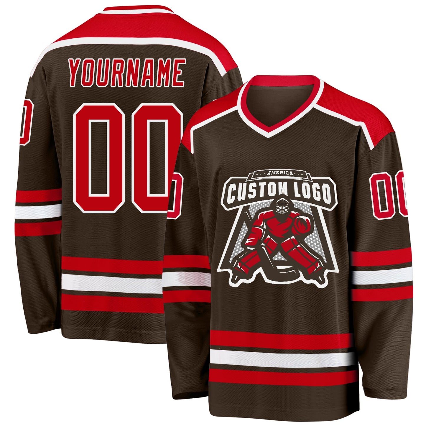 Custom Brown Red-White Hockey Jersey - Main View