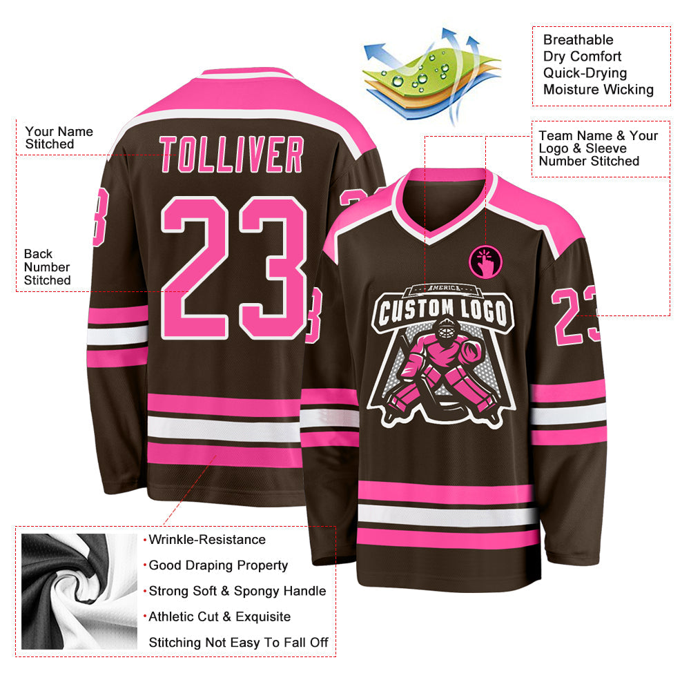 Custom Brown Pink-White Hockey Jersey view 3