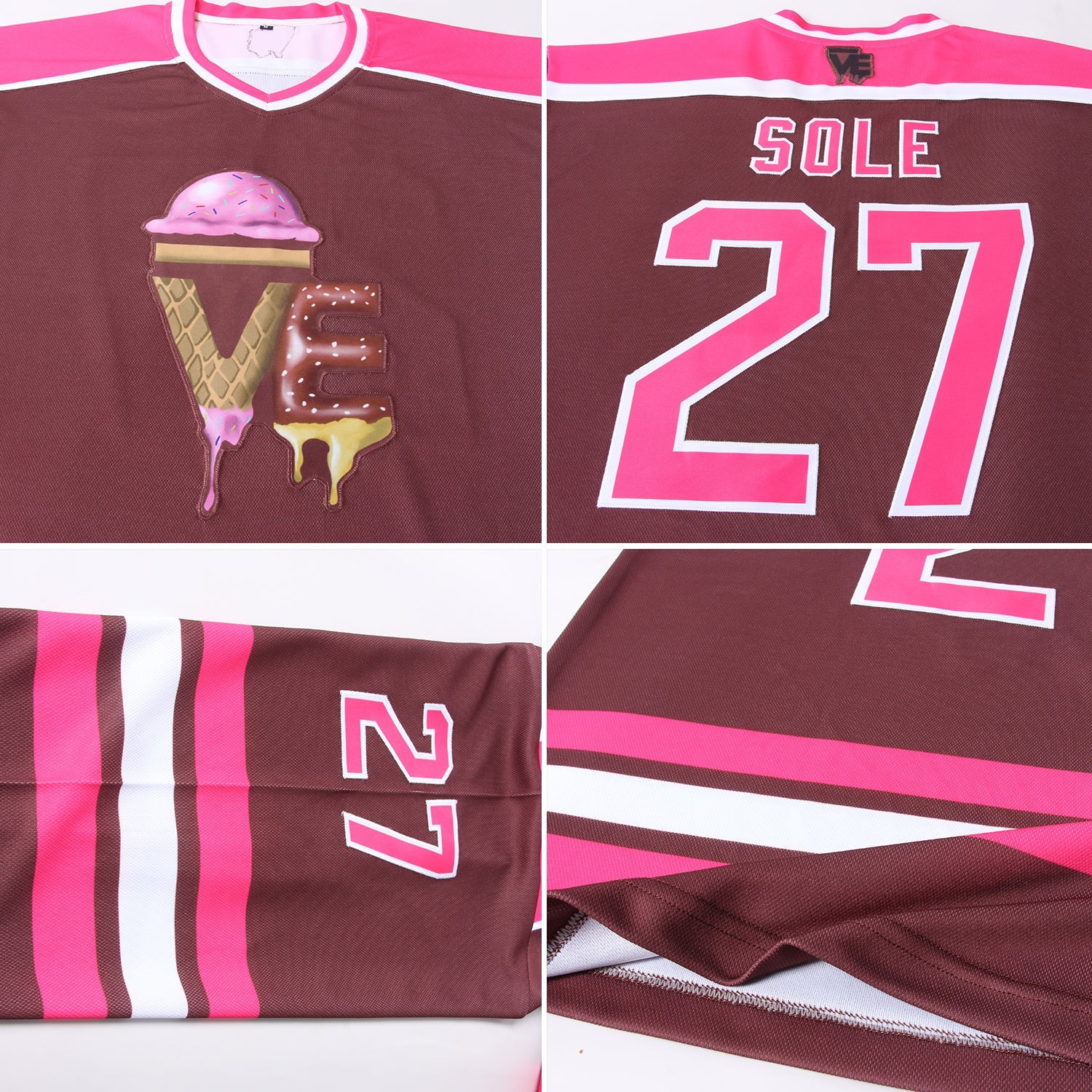 Custom Brown Pink-White Hockey Jersey view 5
