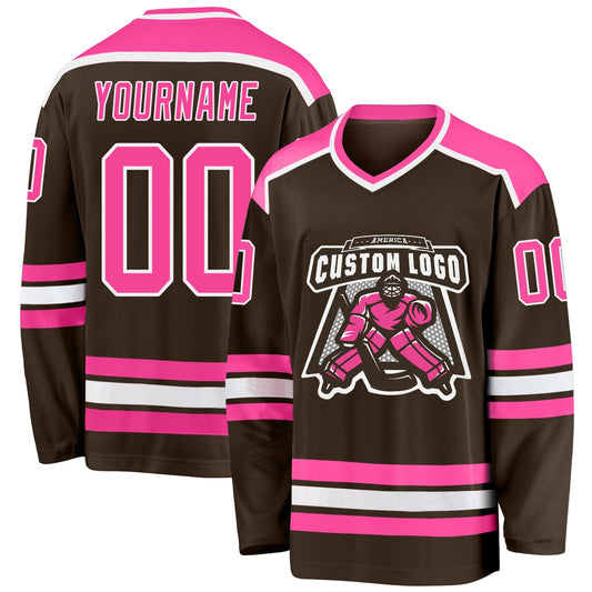 Custom Brown Pink-White Hockey Jersey - Main View