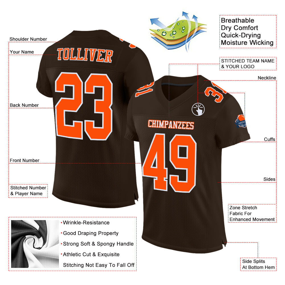 Custom Brown Orange-White Mesh Authentic Football Jersey view 2
