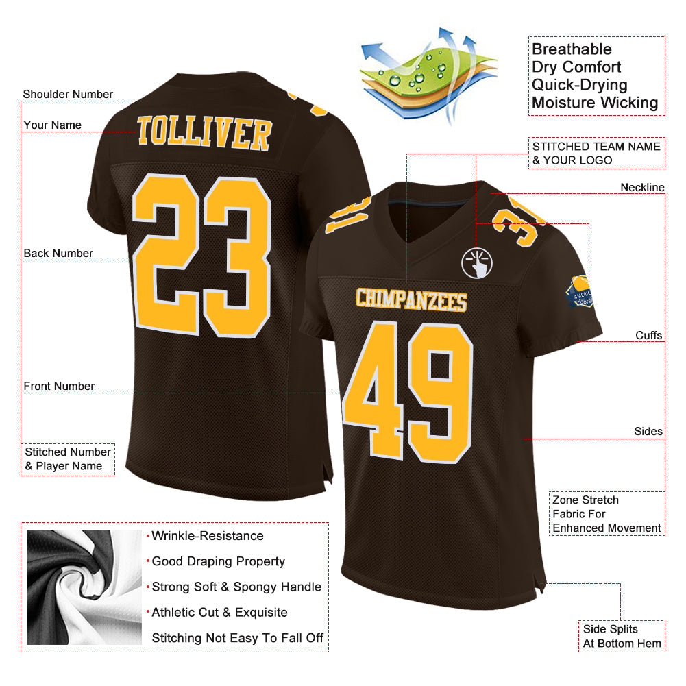 Custom Brown Gold-White Mesh Authentic Football Jersey view 2