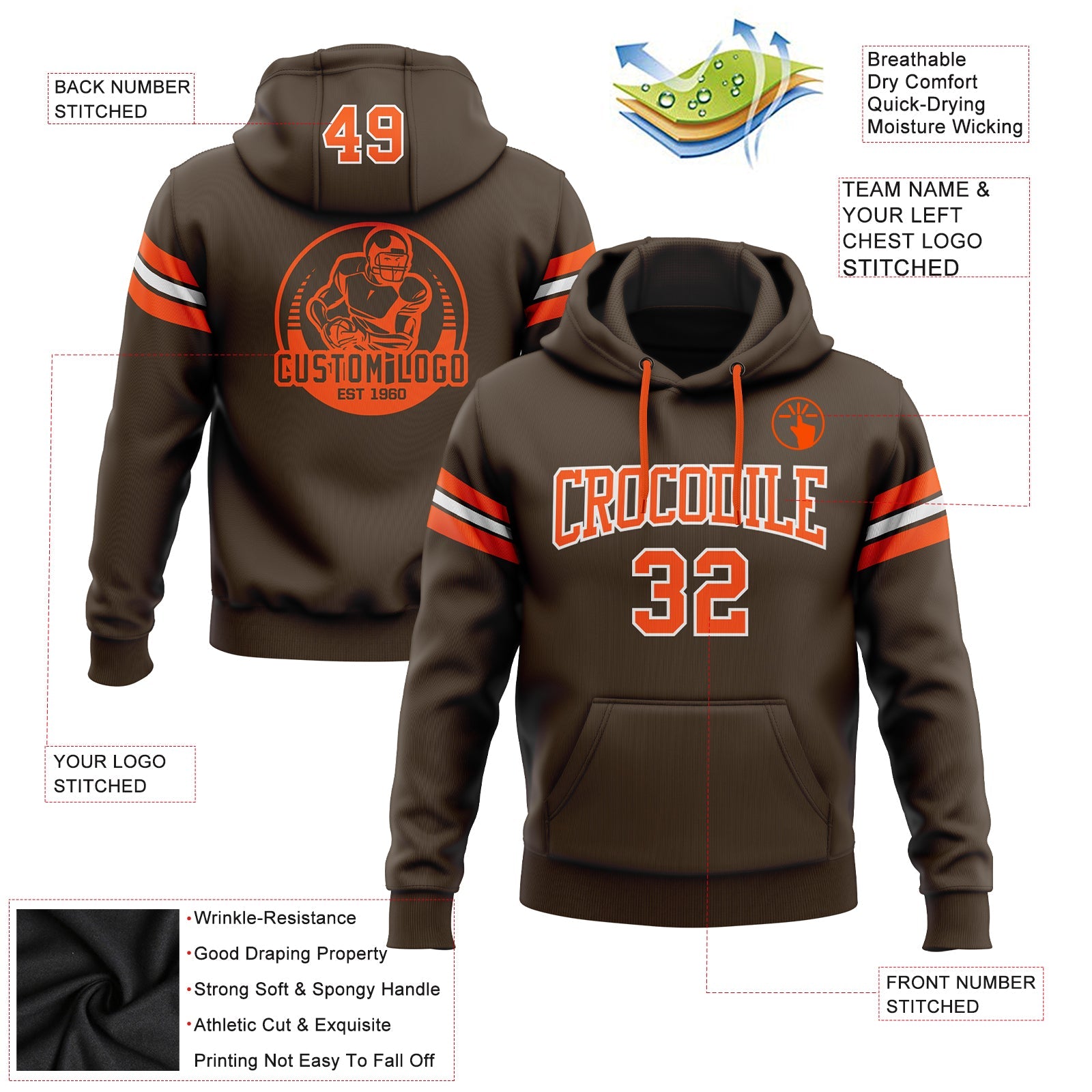 Custom Stitched Brown Orange-White Football Pullover Sweatshirt Hoodie view 2